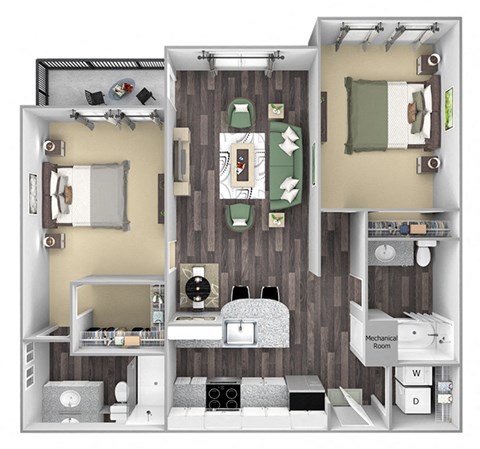Floor plan for 2 beds, 2 baths, 1162 sqft