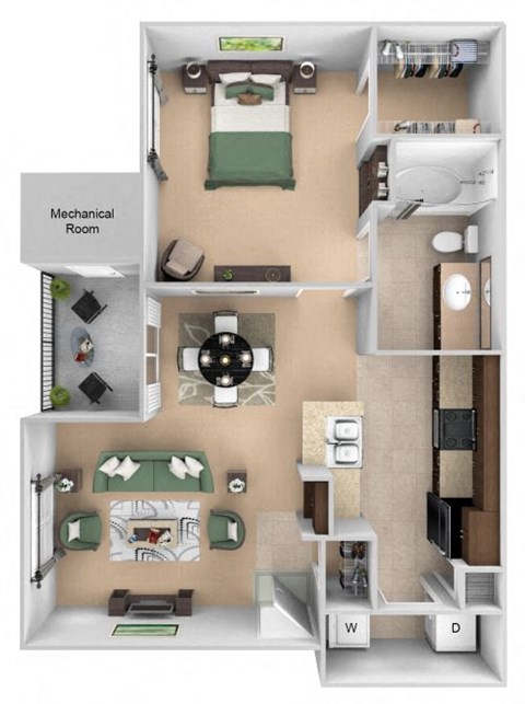 Floor plan for 1 bed, 1 bath, 759 sqft