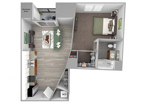 Floor plan for 1 bed, 1 bath, 677 sqft