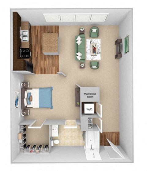 Floor plan for studio, 1 bath, 672 sqft