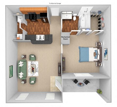 Floor plan for 1 bed, 1 bath, 675 sqft