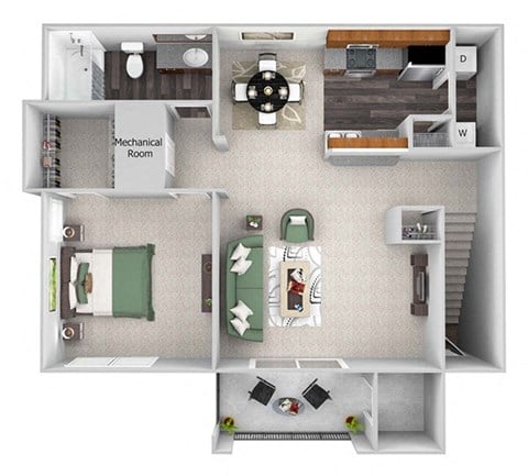 Floor plan for 1 bed, 1 bath, 768 sqft
