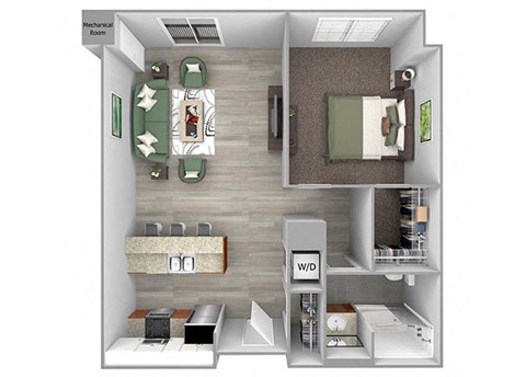 Floor plan for 1 bed, 1 bath, 763 sqft