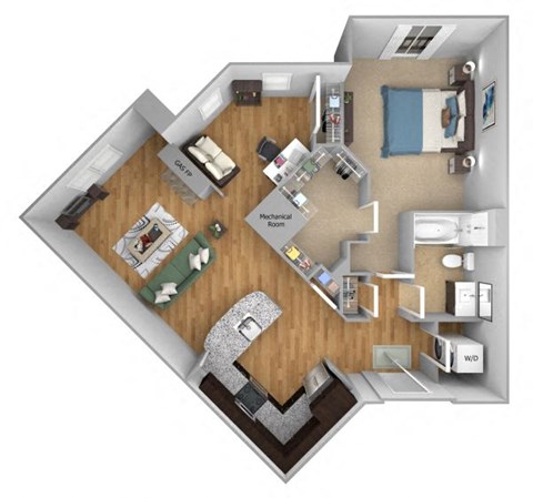 Floor plan for 1 bed, 1 bath, 916 sqft