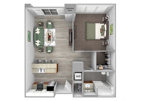 Floor plan for 1 bed, 1 bath, 777 sqft