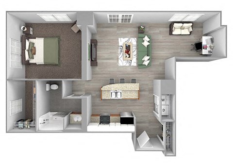 Floor plan for 1 bed, 1 bath, 887 sqft