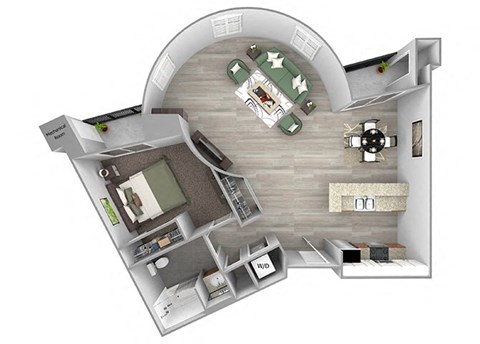 Floor plan for 1 bed, 1 bath, 986 sqft