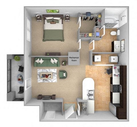 Floor plan for 1 bed, 1 bath, 695 sqft