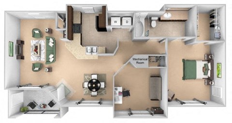 Floor plan for 1 bed, 1 bath, 1090 sqft
