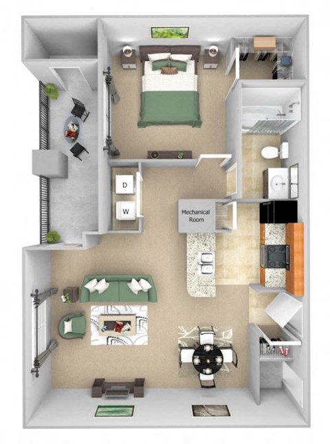Floor plan for 1 bed, 1 bath, 722 sqft