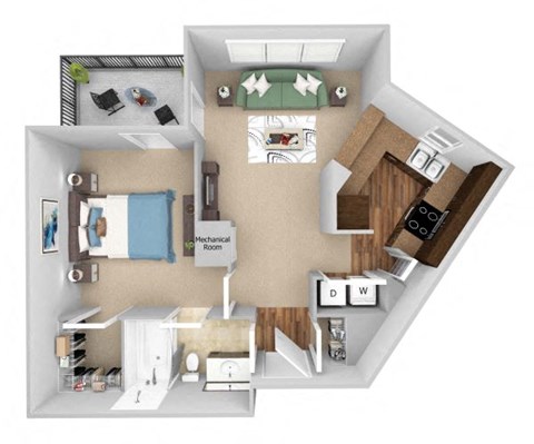 Floor plan for 1 bed, 1 bath, 730 sqft
