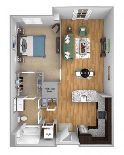 Floor plan for 1 bed, 1 bath, 673 sqft