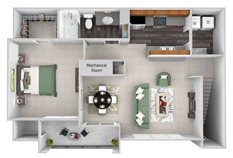 Floor plan for 1 bed, 1 bath, 842 sqft