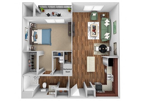 Floor plan for 1 bed, 1 bath, 841 sqft