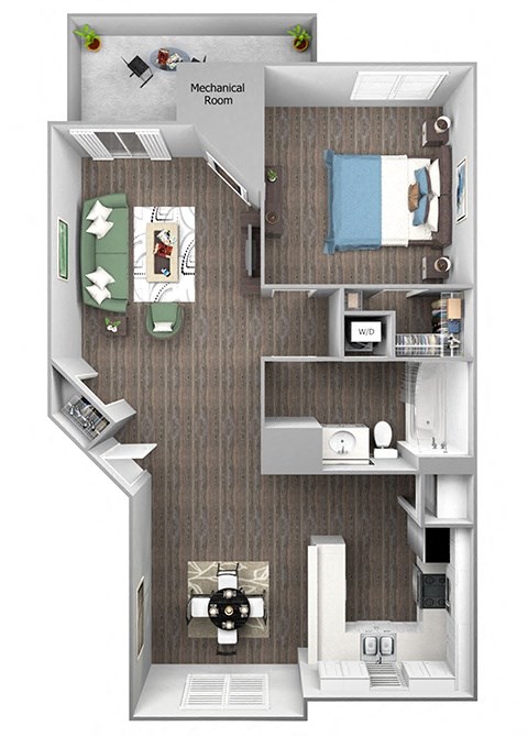 Floor plan for 1 bed, 1 bath, 840 sqft