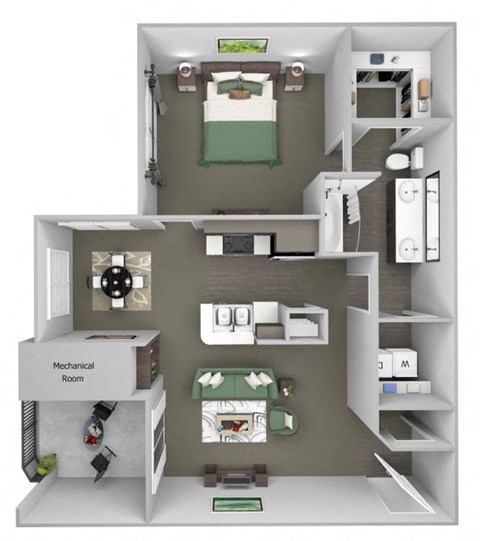Floor plan for 1 bed, 1 bath, 889 sqft