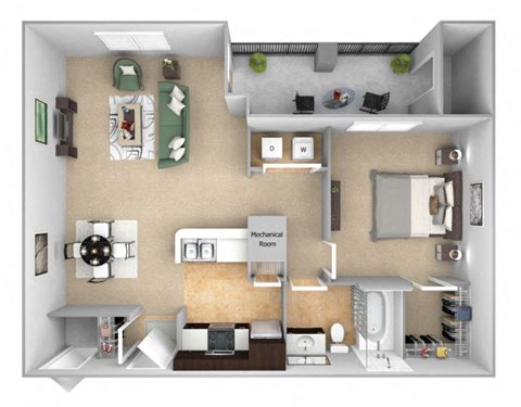 Floor plan for 1 bed, 1 bath, 722 sqft