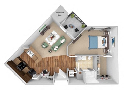 Floor plan for 1 bed, 1 bath, 743 sqft