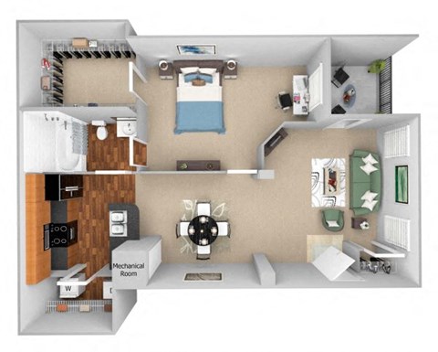 Floor plan for 1 bed, 1 bath, 822 sqft