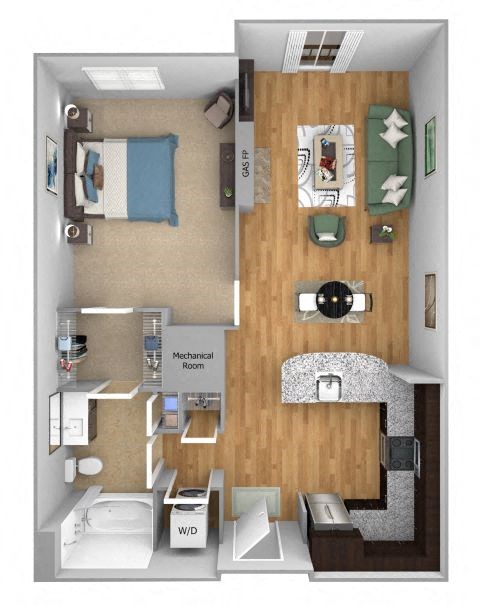 Floor plan for 1 bed, 1 bath, 747 sqft