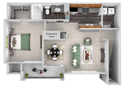 Floor plan for 1 bed, 1 bath, 842 sqft