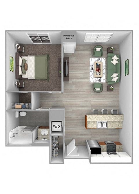 Floor plan for 1 bed, 1 bath, 718 sqft
