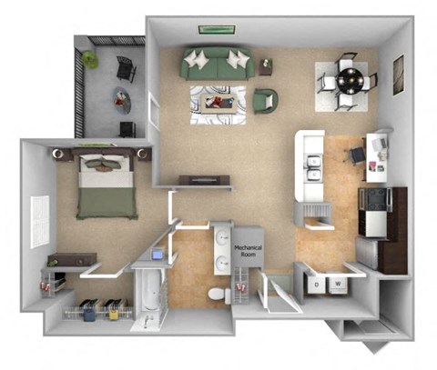 Floor plan for 1 bed, 1 bath, 812 sqft