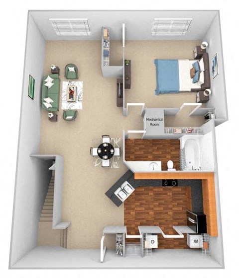 Floor plan for 1 bed, 1 bath, 979 sqft