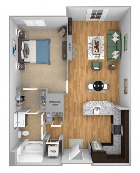 Floor plan for 1 bed, 1 bath, 770 sqft