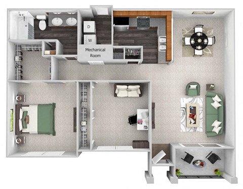 Floor plan for 1 bed, 1 bath, 1043 sqft