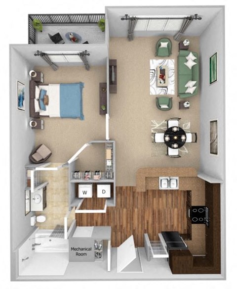 Floor plan for 1 bed, 1 bath, 752 sqft