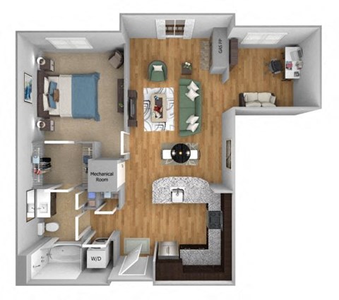 Floor plan for 1 bed, 1 bath, 802 sqft