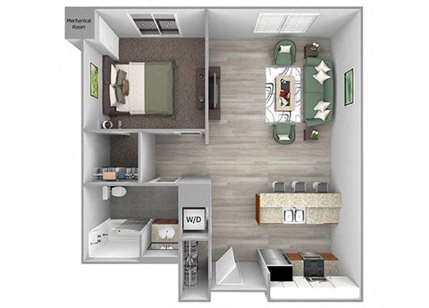 Floor plan for 1 bed, 1 bath, 744 sqft