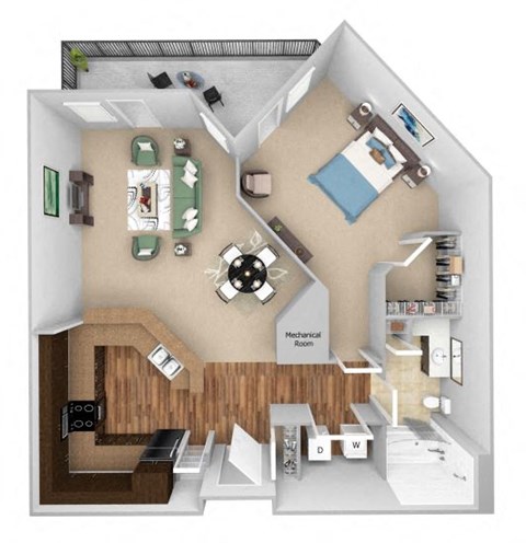 Floor plan for 1 bed, 1 bath, 812 sqft