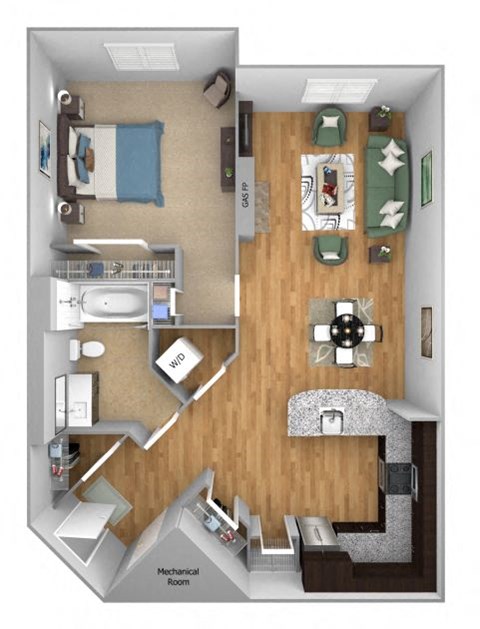 Floor plan for 1 bed, 1 bath, 820 sqft