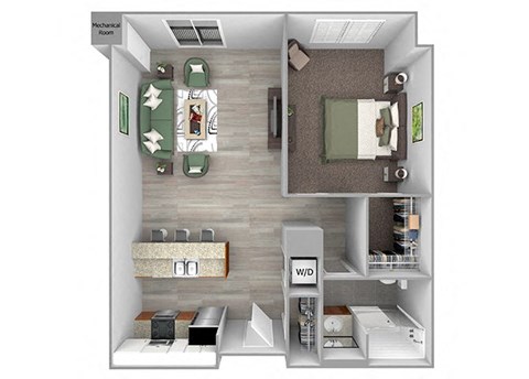 Floor plan for 1 bed, 1 bath, 750 sqft