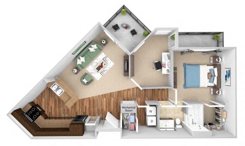 Floor plan for 1 bed, 1 bath, 862 sqft