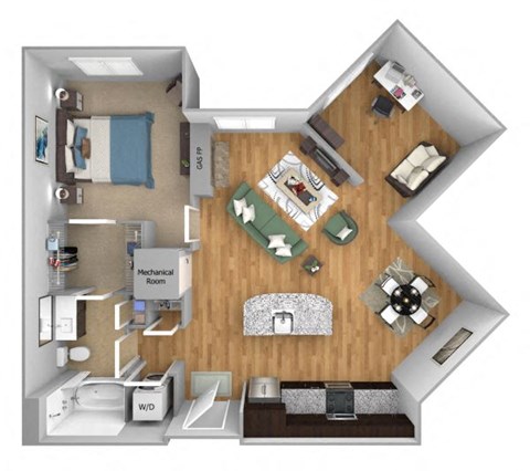 Floor plan for 1 bed, 1 bath, 837 sqft