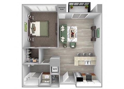 Floor plan for 1 bed, 1 bath, 751 sqft