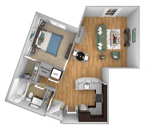 Floor plan for 1 bed, 1 bath, 871 sqft
