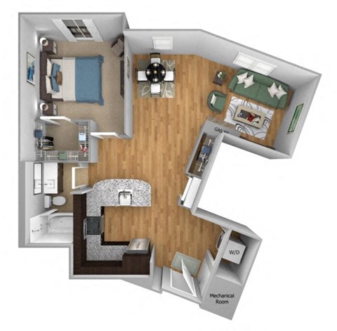 Floor plan for 1 bed, 1 bath, 895 sqft