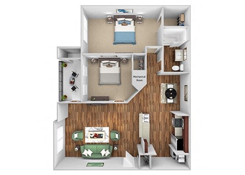 Floor plan for 2 beds, 1 bath, 1090 sqft