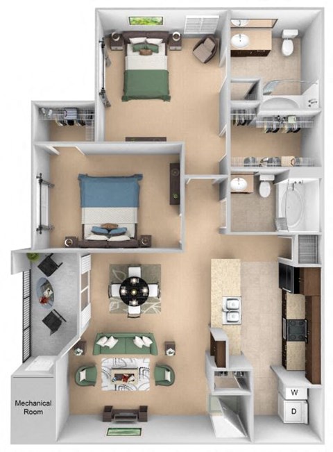 Floor plan for 2 beds, 2 baths, 1075 sqft