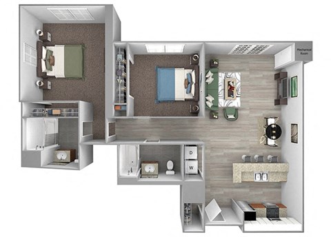 Floor plan for 2 beds, 2 baths, 1042 sqft