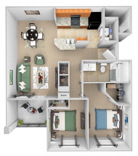 Floor plan for 2 beds, 1 bath, 983 sqft