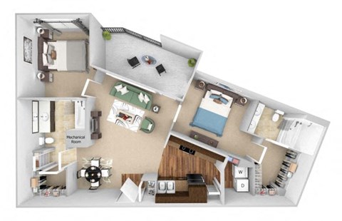 Floor plan for 2 beds, 2 baths, 1022 sqft