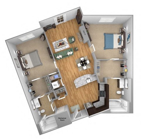 Floor plan for 2 beds, 2 baths, 982 sqft