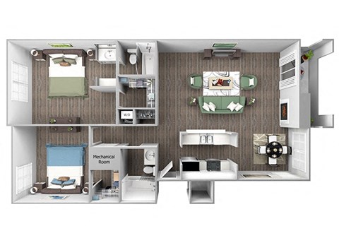 Floor plan for 2 beds, 2 baths, 1027 sqft