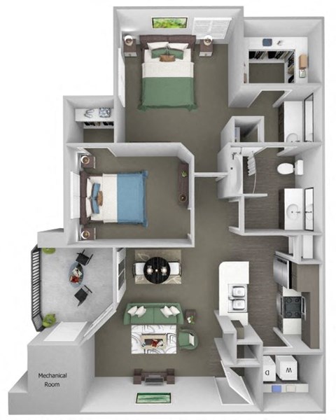 Floor plan for 2 beds, 1 bath, 1067 sqft