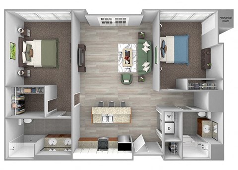 Floor plan for 2 beds, 2 baths, 1175 sqft